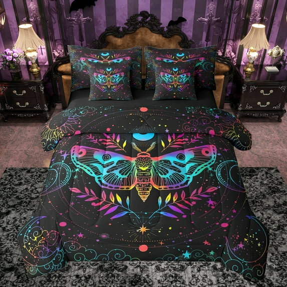 Castle Fairy Abstract Gradient Moth Twin Bedding Sets 7-Piece for Teenagers Boys Girls,Vintage Bohemian Hippie Theme Bedding Comforter Set Microfiber,Ombre Glitter Moon Starry Sky Sheet Sets