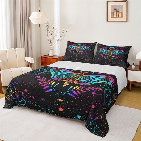 Castle Fairy Abstract Gradient Moth Twin Sheet Sets 3pcs for Teenagers Boys Girls,Vintage Bohemian Hippie Theme Twin Fitted Sheet Microfiber,Ombre Glitter Moon Starry Sky Breathable Flat Sheet