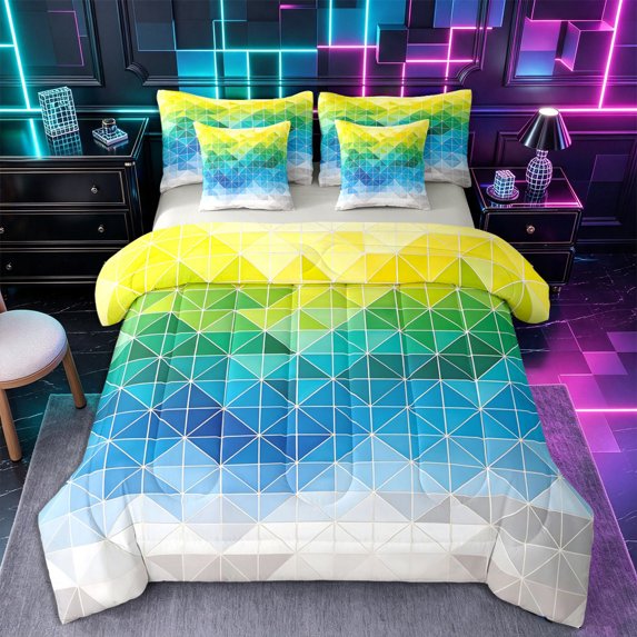 Castle Fairy Abstract Gradient Triangle 7-Piece Twin Bedding,Ombre Geometric Grid Bedding Comforter Set,Yellow Teal Navy,Reversible