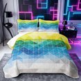 thumbnail image 1 of Castle Fairy Abstract Gradient Triangle Twin Quilt Set 2 Pieces,Ombre Geometric Grid Twin Coverlet Set,Yellow Teal Navy,1 Bedspread and 1 Pillowcase, 1 of 7