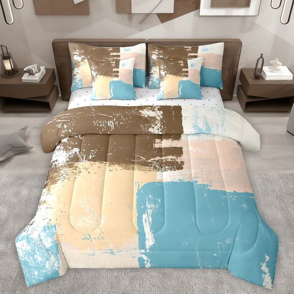 Castle Fairy Abstract Graffiti Boy Girl Bedding Comforter Set 7pcs,Vintage Aesthetic Queen Bedding Sets Super Cozy,Minimalist Geometric Plaid Queen Sheet Sets,Breathable Home Decor,Reversible