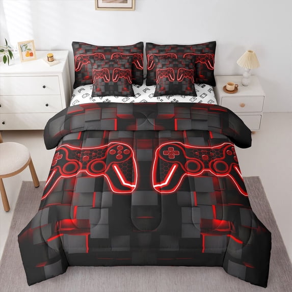 Castle Fairy Abstract Hexagon Gamepads Bedding Comforter Set,Video Game Full Bedding Set