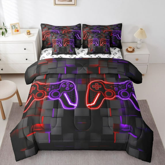 Castle Fairy Abstract Hexagon Gamepads Bedding Comforter Set,Video Game King Bedding Sets