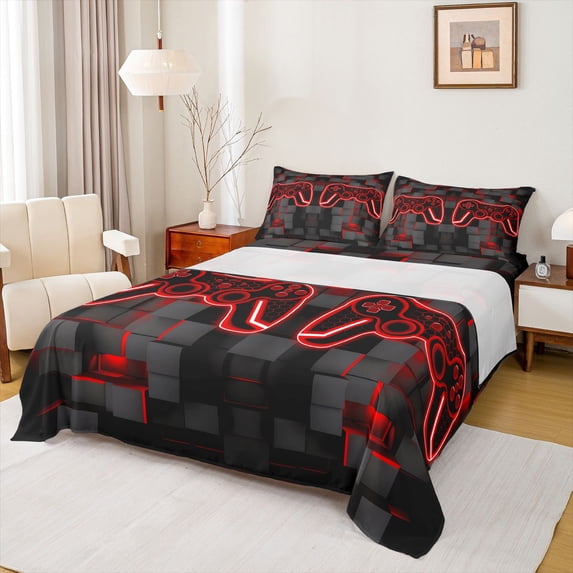 Castle Fairy Abstract Hexagon Gamepads Queen Sheet Sets for Kids Teens,Video Game Bed Set