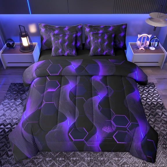 Castle Fairy Abstract Hexagon Honeycomb Bedding Comforter Set 7 Pieces for Teens Boys Girls,Gradient Spiral Stripes Full Bedding Set Lightweight,Futuristic Geometric Fitted Sheet Flat Sheet