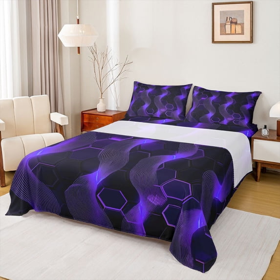 Castle Fairy Abstract Hexagon Honeycomb Full Size Sheets 4-Piece for Teens Boys Girls,Gradient Spiral Stripes Breathable Bed Sheets,Futuristic Geometric Lightweight Sheet Sets,Breathable Home Decor