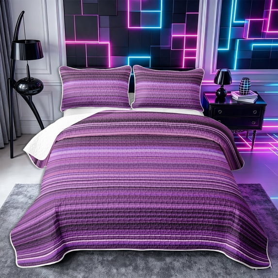 Castle Fairy Abstract Horizontal Stripe Bed Spread Queen 3pcs,Watercolor Thin Line Queen Coverlet Set,Lavender Violet Plum,1 Quilt and 2 Pillowcases