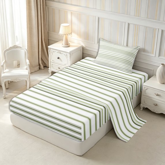 Castle Fairy Abstract Horizontal Stripe Twin Sheets 3pcs,Minimalist Thin Line Bedding,Olive Mint White,1 Flat Sheet, 1 Fitted Sheet and 1 Pillowcase