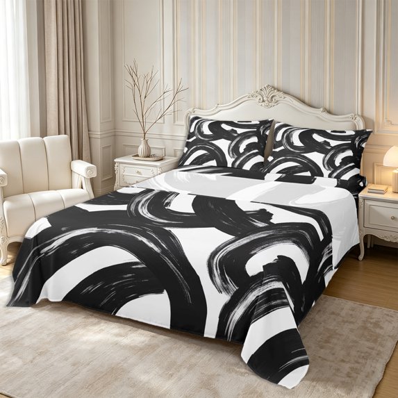 Castle Fairy Abstract Ink Swirl King Sheets 4pcs,Watercolor Textured Loop Bedding,Black White,1 Flat Sheet, 1 Fitted Sheet and 2 Pillowcases