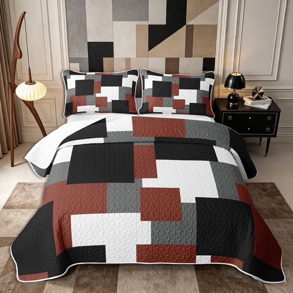 Castle Fairy Abstract Irregular Square Block Twin Quilt Set 2 Pieces,Minimalist Overlap Geometric Twin Coverlet Set,Rust Gray Black,1 Bedspread and 1 Pillowcase