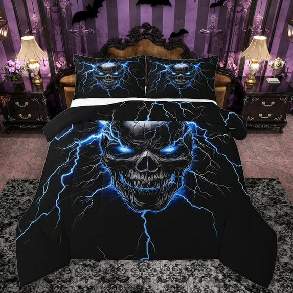 Castle Fairy Abstract Lightning Skull 3 Pieces Queen Comforter Set for Female Men Women,Black Blue Ultra Soft Bedding Sets,Gothic Style Bedding Comforter Set Breathable,Microfiber Bedroom Decor