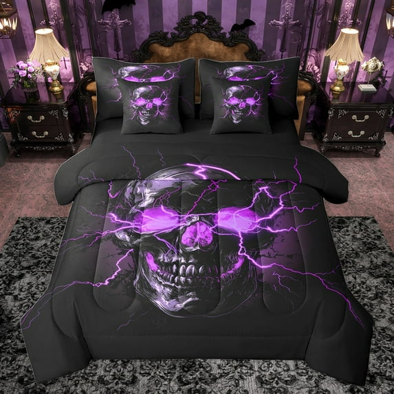 Castle Fairy Abstract Lightning Skull Bedding Comforter Set 7 Pieces for Female Men Women,Black Purple Full Bedding Set Lightweight,Gothic Style Fitted Sheet Flat Sheet,Microfiber Bedroom Decor