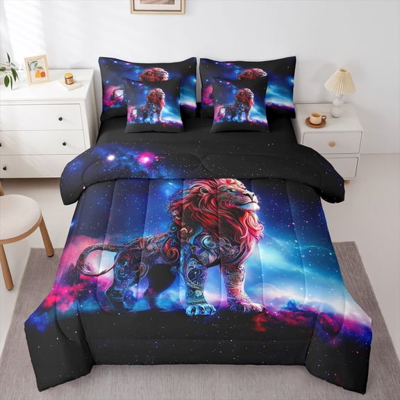 Castle Fairy Abstract Lion Wildlife Bedding Comforter Set,Cosmos Galaxy King Bedding Sets