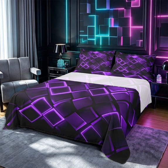 Castle Fairy Abstract Lit Cube Queen Sheets 4 Pieces,Minimalism Neon Square Queen Sheet Sets,Purple Black,1 Flat Sheet, 1 Fitted Sheet and 2 Pillowcases