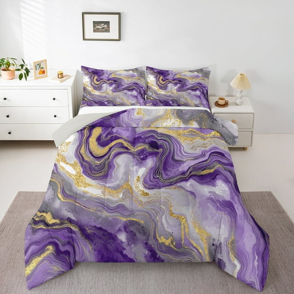 Castle Fairy Abstract Marble 2Pcs Bedding Comforter Set for Boys Girls Children,Gradient Marbling Watercolor Twin Comforter Sets,Gold Metallic Breathable Bedding Set,Luxury Bedroom Decor