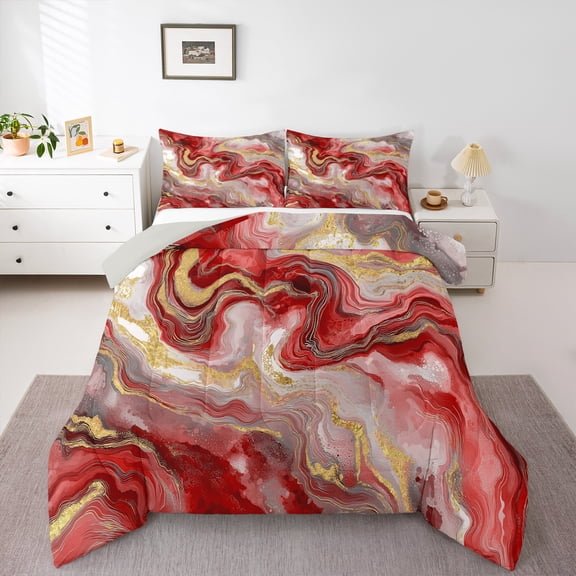 Castle Fairy Abstract Marble 3-Piece Full Size Comforter Sets for Boys Girls Children,Gradient Marbling Watercolor Bedding Comforter Set,Gold Metallic Lightweight Bedding Sets,Luxury Bedroom Decor