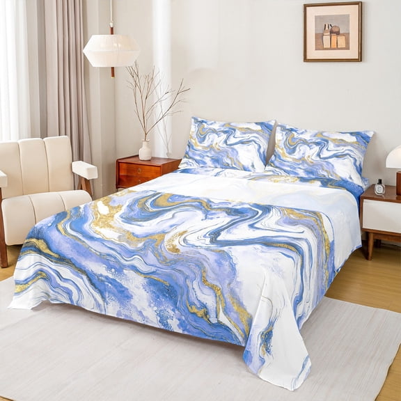 Castle Fairy Abstract Marble 3Pcs Twin Sheet Sets for Boys Girls Children,Gradient Marbling Watercolor Twin Fitted Sheet,Gold Metallic Breathable Flat Sheet,Luxury Bedroom Decor