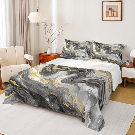Castle Fairy Abstract Marble 3Pcs Twin Sheet Sets for Boys Girls Children,Gradient Marbling Watercolor Twin Fitted Sheet,Gold Metallic Breathable Flat Sheet,Luxury Bedroom Decor