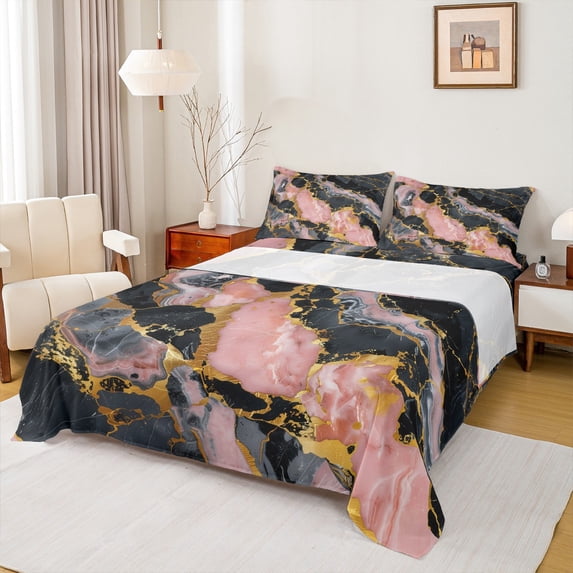 Castle Fairy Abstract Marble 3pcs Twin Sheet Sets,Stone Pattern Twin Fitted Sheet,Gold Metallic Breathable Flat Sheet,Microfiber Watercolor Bedroom Decor