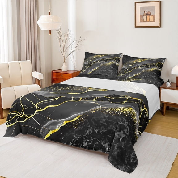 Castle Fairy Abstract Marble 4-Piece Full Size Sheets,Black Golden Bed Sheets,Stone Pattern Lightweight Sheet Sets,Lightweight Marbling Room Decor