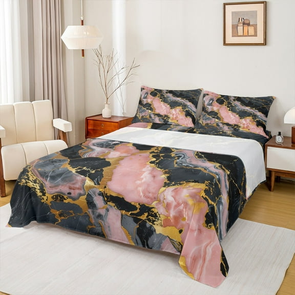 Castle Fairy Abstract Marble 4 Pieces Queen Sheet Sets,Stone Pattern Ultra Soft Flat Sheet,Gold Metallic Queen Fitted Sheet,Microfiber Watercolor Bedroom Decor