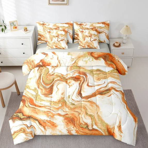 Castle Fairy Abstract Marble 7-Piece Twin Bedding Sets for Boys Girls Children,Gradient Marbling Watercolor Bedding Comforter Set,Gold Metallic Breathable Sheet Sets,Luxury Bedroom Decor