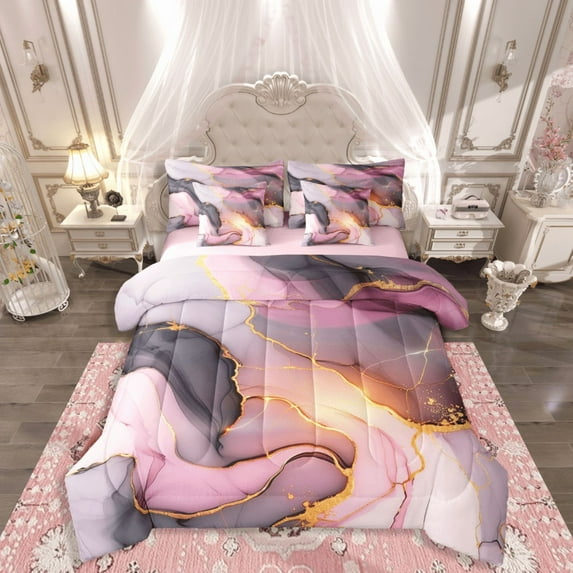 Castle Fairy Abstract Marble 7 Pieces Bedding Comforter Set,Stone Pattern Full Bedding Set Lightweight,Gold Metallic Fitted Sheet Flat Sheet,Microfiber Watercolor Bedroom Decor,Reversible