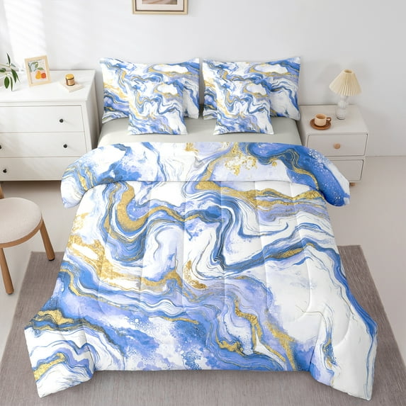 Castle Fairy Abstract Marble 7Pcs Bedding Comforter Set for Boys Girls Children,Gradient Marbling Watercolor Queen Bedding Sets Super Cozy,Gold Metallic Queen Sheet Sets,Luxury Bedroom Decor