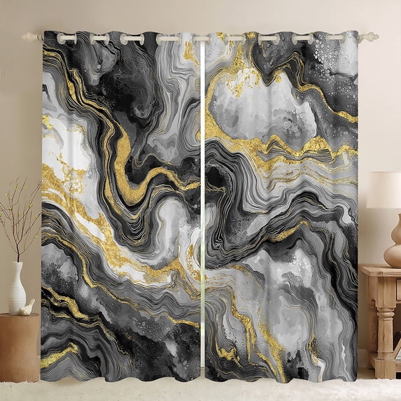 Castle Fairy Abstract Marble Black Out Curtains for Boys Girls Children,Gradient Marbling Watercolor Curtains Pack Of 2 (42X63 Each),Gold Metallic Bedroom Curtains,Luxury Bedroom Decor