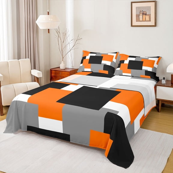 Castle Fairy Abstract Mid Century Square Queen Sheet Sets,Black Grey Orange Bed Set