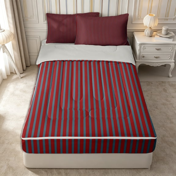 Castle Fairy Abstract Minimalist Vertical Line Zipper Twin Comforter Sets with Fitted Sheet and 2 Pillowcases,Geometric Strip Pattern Zipper Bedding Set,Deep Red Slate Blue,Reversible