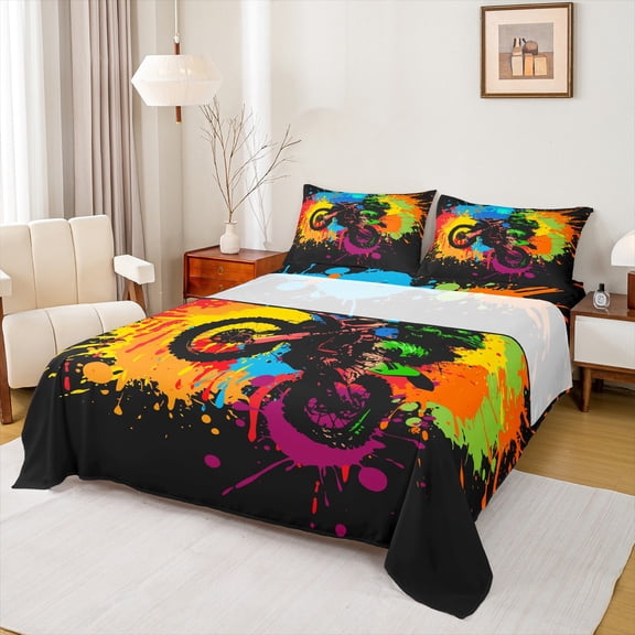 Castle Fairy Abstract Motocross Full Size Sheets,Extreme Sport Bed Sheets