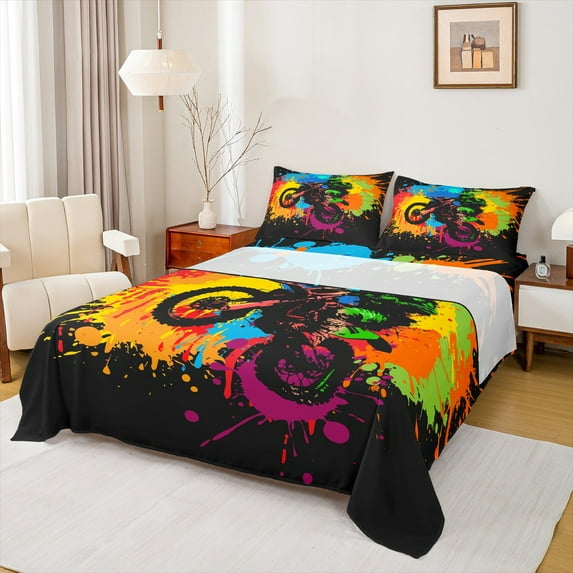 Castle Fairy Abstract Motocross Queen Sheet Sets,Extreme Sport Bed Set