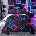 thumbnail image 1 of Castle Fairy Abstract Neon Cube Grid Bed Spread Queen 3pcs,Minimalism Glowing Square Queen Coverlet Set,Magenta Blue Black,1 Quilt and 2 Pillowcases, 1 of 7