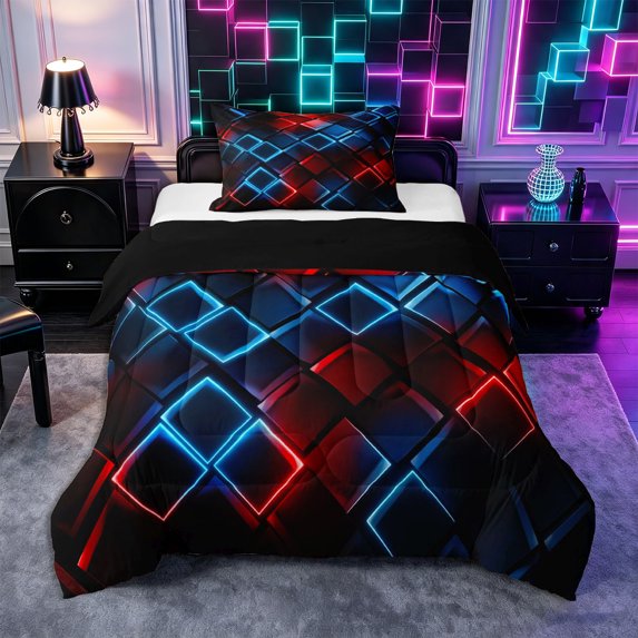 Castle Fairy Abstract Neon Geometric Twin Comforter Sets 2pcs,Minimalism Glowing Cube Bedding Set,Red Blue Black,Reversible,1 Comforter and 1 Pillowcase