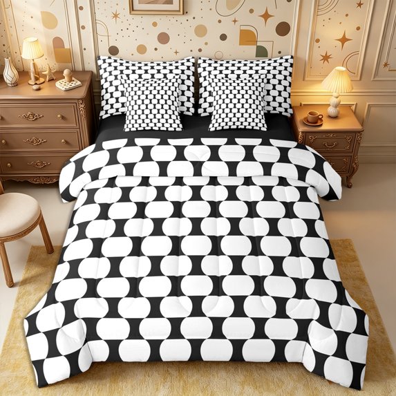 Castle Fairy Abstract Oval Grid King Bedding 7pcs,Geometric Rounded King Bed in a Bag,Black White,Reversible