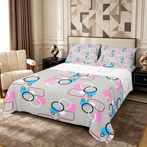 Castle Fairy Abstract Overlap Circle King Sheets 4pcs,Geometric Rounded Rectangle Bedding,Hot Pink Cyan Gray,1 Flat Sheet, 1 Fitted Sheet and 2 Pillowcases