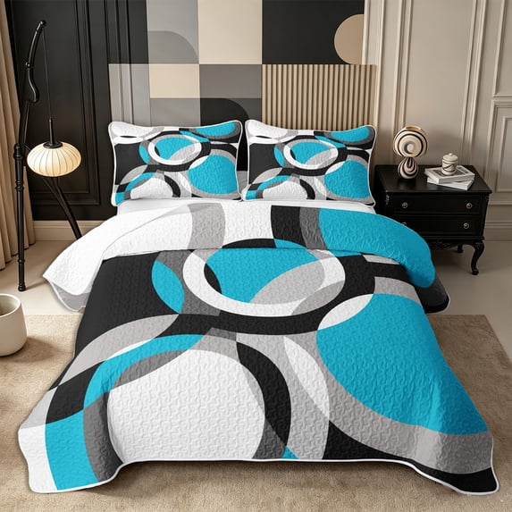 Castle Fairy Abstract Overlap Circle Quilt Full 3-Piece,Minimalist Ring Frame Full Bedspread Sets,Turquoise Gray Black White,1 Coverlet and 2 Pillowcases