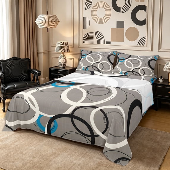 Castle Fairy Abstract Overlap Ring Queen Sheets 4 Pieces,Minimalist Hollow Circle Graphic Queen Sheet Sets,Black White Sky Blue,1 Flat Sheet, 1 Fitted Sheet and 2 Pillowcases