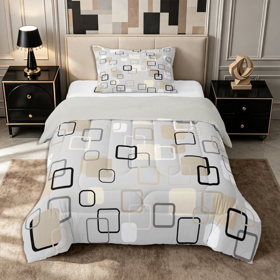 Castle Fairy Abstract Overlay Square Twin Comforter Sets 2pcs,Mid Century Hollow Block Bedding Set,Beige Taupe Gray,Reversible,1 Comforter and 1 Pillowcase