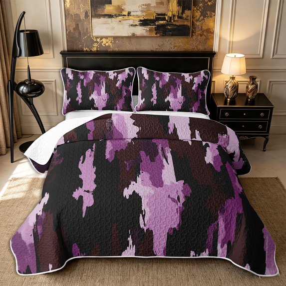 Castle Fairy Abstract Paint Camo Bed Spread Queen 3pcs,Watercolor Irregular Blot Queen Coverlet Set,Plum Taupe Black,1 Quilt and 2 Pillowcases
