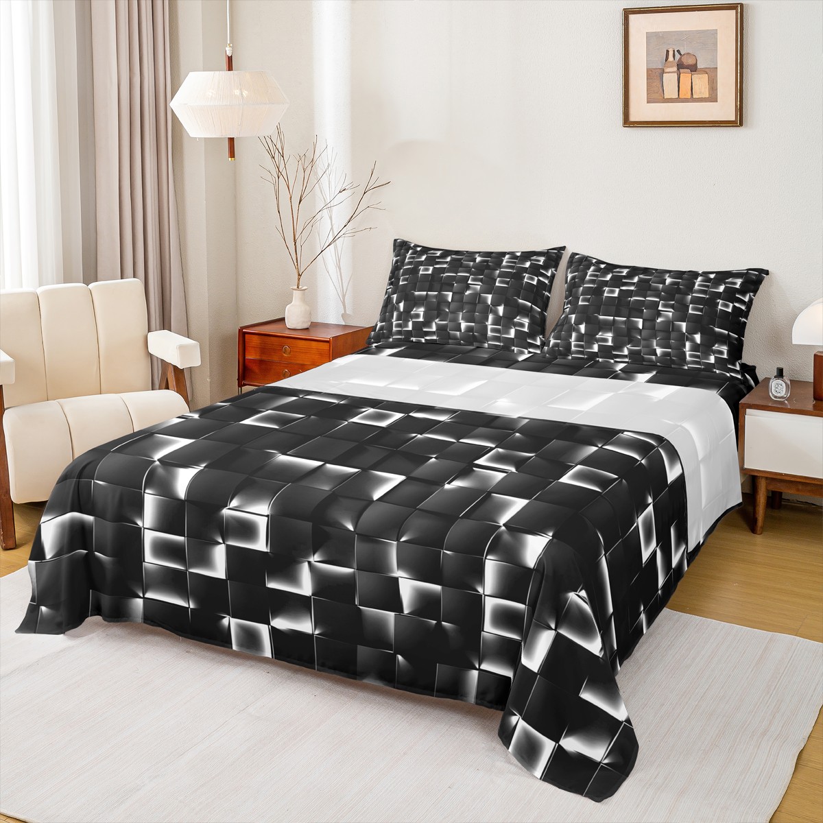 Abstract Sheet Set Castle Fairy Abstract Plaid 4 Pieces Queen Sheet Sets,Futuristic Cubes ...