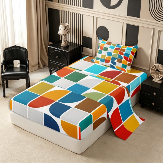 Castle Fairy Abstract Quarter Arc Twin Sheets 3pcs,Geometric Square Block Bedding,Colorful Blue Orange,1 Flat Sheet, 1 Fitted Sheet and 1 Pillowcase