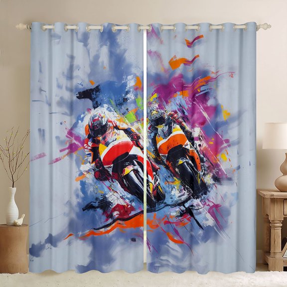 Castle Fairy Abstract Racing Bike Black Out Curtains for Teens, Splatter Track Print Curtains Pack of 2 (42x63 Each) for Extreme Bedroom, Red Blue