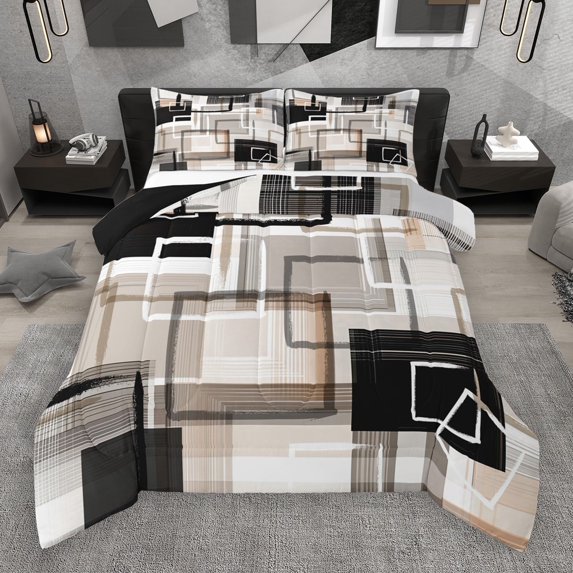 Castle Fairy Abstract Rectangle 2Pcs Bedding Comforter Set for Teens Men Women,Geometric Theme Twin Comforter Sets,Black Grey Brown Breathable Bedding Set,Super Cozy Room Decor