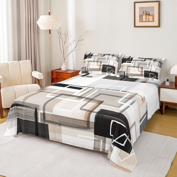 Castle Fairy Abstract Rectangle 3Pcs Twin Sheet Sets for Teens Men Women,Geometric Theme Twin Fitted Sheet,Black Grey Brown Breathable Flat Sheet,Super Cozy Room Decor