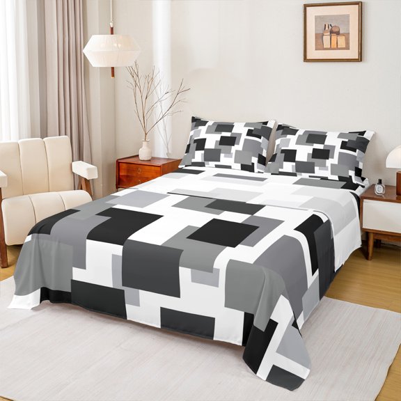 Castle Fairy Abstract Rectangle 3Pcs Twin Sheet Sets for Teens Men Women,Geometric Theme Twin Fitted Sheet,Black Grey White Breathable Flat Sheet,Super Cozy Room Decor