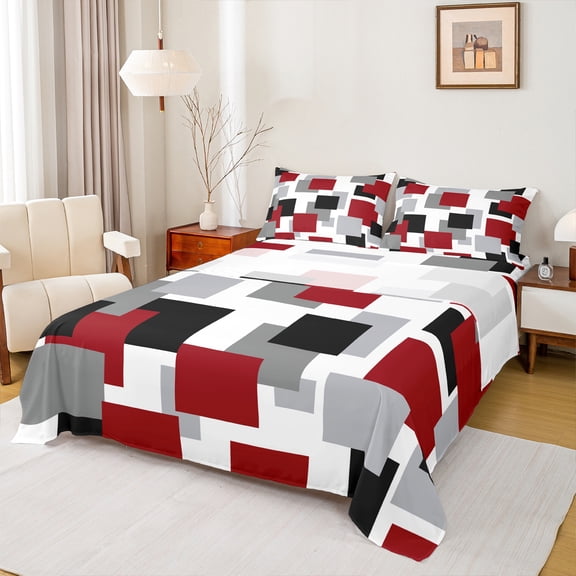 Castle Fairy Abstract Rectangle 4 Pieces Queen Sheet Sets for Teens Men Women,Geometric Theme Ultra Soft Flat Sheet,Black Grey Red White Queen Fitted Sheet,Super Cozy Room Decor