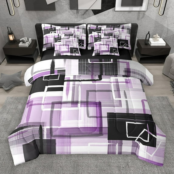Castle Fairy Abstract Rectangle 7-Piece Bedding Comforter Set for Teens Men Women,Geometric Theme King Bedding Sets,Black Purple Ultra Soft Bed Sheets,Super Cozy Room Decor