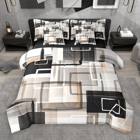 Castle Fairy Abstract Rectangle 7-Piece Twin Bedding Sets for Teens Men Women,Geometric Theme Bedding Comforter Set,Black Grey Brown Breathable Sheet Sets,Super Cozy Room Decor